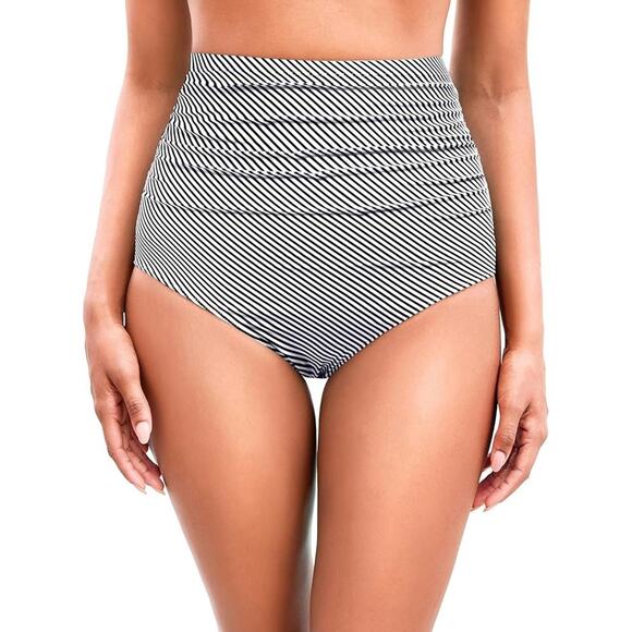 Tempt Me Bikini Bottom Womens Medium High Waist Striped Swimsuit Swim Bathing Su - Picture 1 of 4